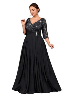 Plus Size Formal V Neck Sequin Lace A-Line Maxi Dress Mother of Bride